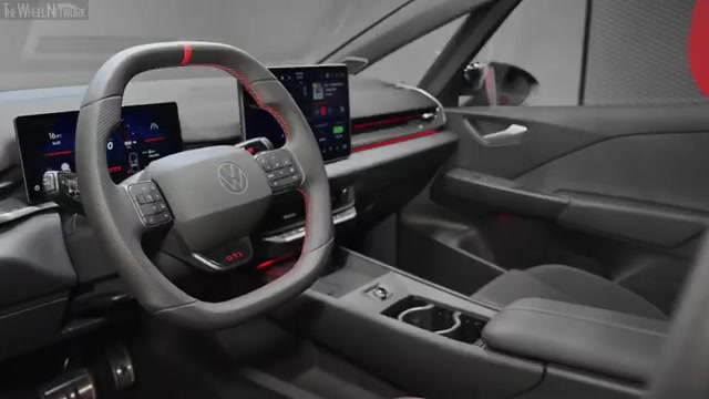 Interieur van de ID.3 GTI met sportstuur, rode markering op twaalf uur en de knoppenstrip onder het scherm